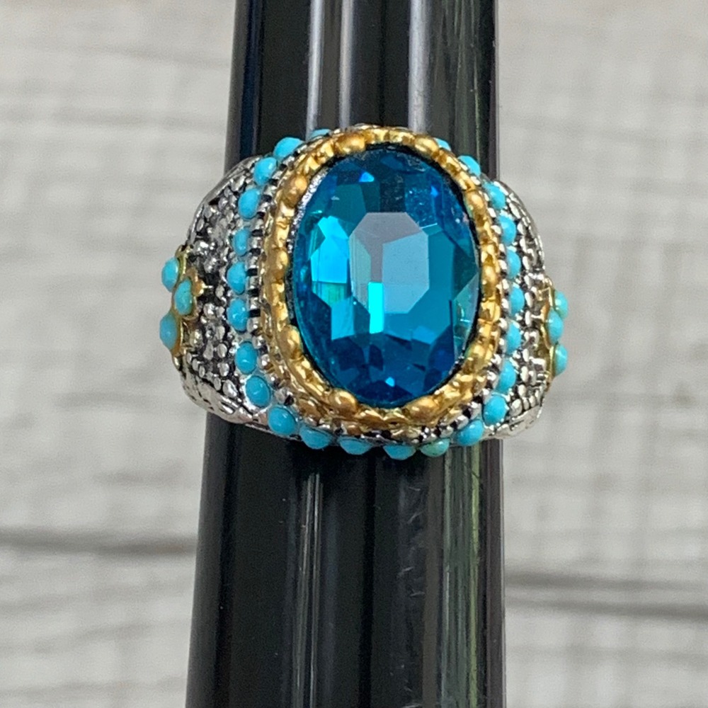 Vintage Style Blue Crystal Turquoise Cabochon Ornate Silver Tone Ring Size 7.25